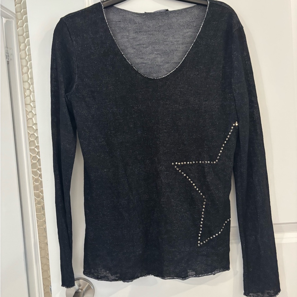 Local European Black Long Sleeve Top with Star Embellishment NWT